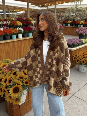 Vivid Style 女士格子针织开衫，灯笼袖宽松大码外套，复古秋冬毛衣，圣诞节，圣诞毛衣，新年，新年装扮，新年服饰