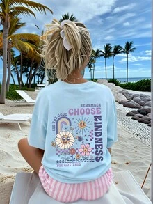 1 chiếc áo thun ngắn tay in họa tiết dành cho bé gái tuổi teen, kiểu dáng thường ngày thoải mái, thời trang mùa hè. - Màu xanh lam - Xem 1