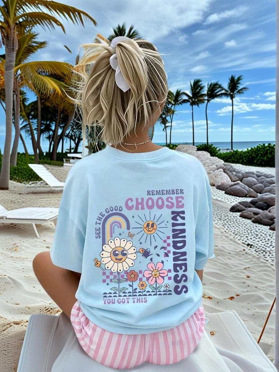 1 chiếc áo thun ngắn tay in họa tiết dành cho bé gái tuổi teen, kiểu dáng thường ngày thoải mái, thời trang mùa hè. - Màu xanh lam - Xem 1