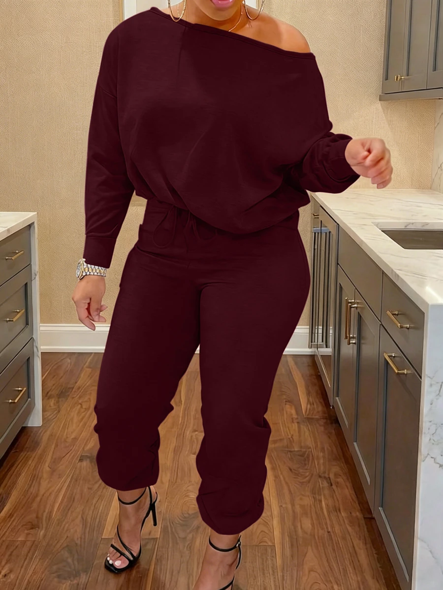 Women's Casual Solid Color One-Shoulder 2-Piece Set, For Home & Daily Wear, Autumn Elegant Spring - Burgundy - View 1