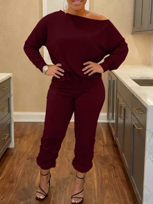 Women's Casual Solid Color One-Shoulder 2-Piece Set, For Home & Daily Wear, Autumn Elegant Spring - Burgundy - View 2