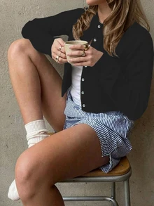 Women's Minimalist Solid Color Round Neck Button Up Long Sleeve Knit Cardigan Sweater, New Year - Black - View 2