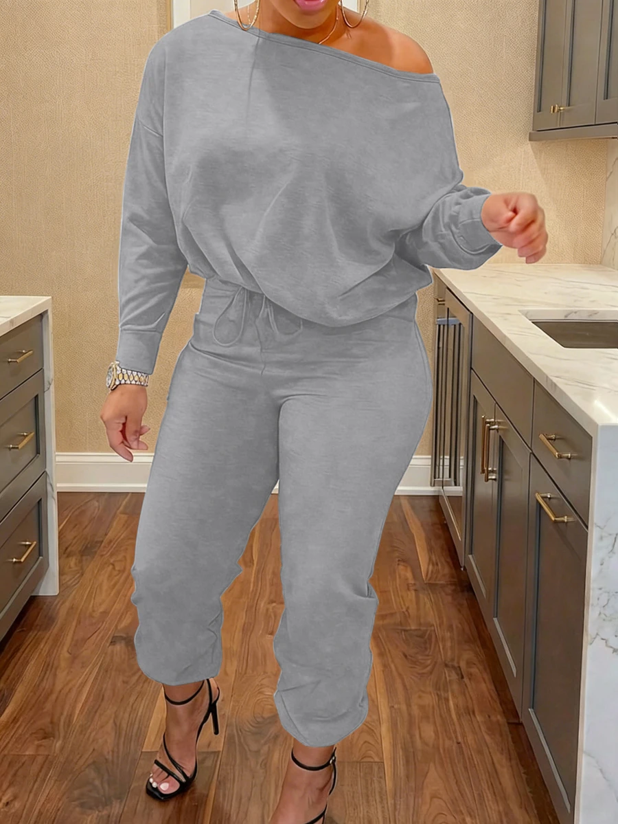 Ensemble de deux pièces casual pour femme, une épaule, couleur unie pour la maison et le port quotidien, automne