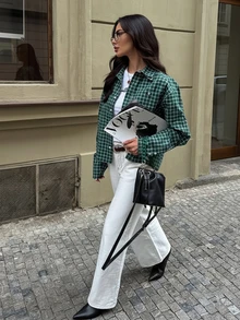 女士休闲格子印花长袖衬衫 - 綠色 - 查看 2