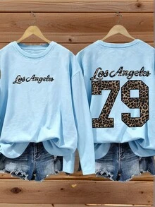 1 pezzo Maglietta a maniche lunghe casual stampata per ragazze pre-adolescenti, alla moda, calda e confortevole, adatta per studenti giovani, primavera/autunno - celeste - Visualizzare 1