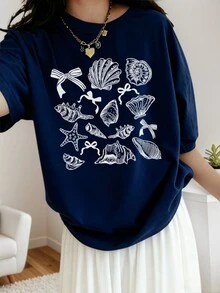 青少年女孩印花短袖T恤，适合年轻学生的舒适时尚夏季上衣 - 藏蓝色 - 查看 5