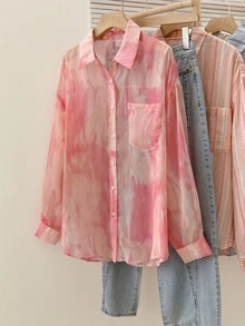 YUXIN Women's Sweet Tie-Dye Sun Protection Shirt, Lapel Collar Long Sleeve, Casual Outdoor/Vacation Wear, Loose Breathable Lightweight Shirt-Style Top - Pink - View 3