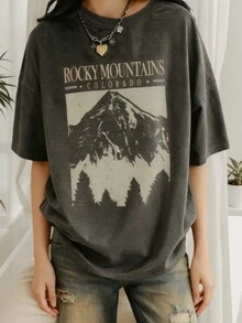 1pc Tween Girl Scenic Print Pullover Dark Gray Short Sleeve T-Shirt, Comfortable And Fashionable Summer Top - Dark Grey - View 3