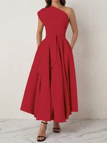 Women's Summer Elegant Solid Color Asymmetric Collar Split Long Dress - Red - View 2