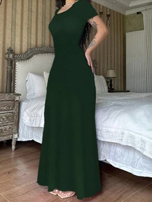 女士秋季服装，时尚纯色U领收腰短袖连衣裙，休闲装，女教师装，返校装，适合通勤、日常穿着、户外活动 - 墨綠色 - 查看 1