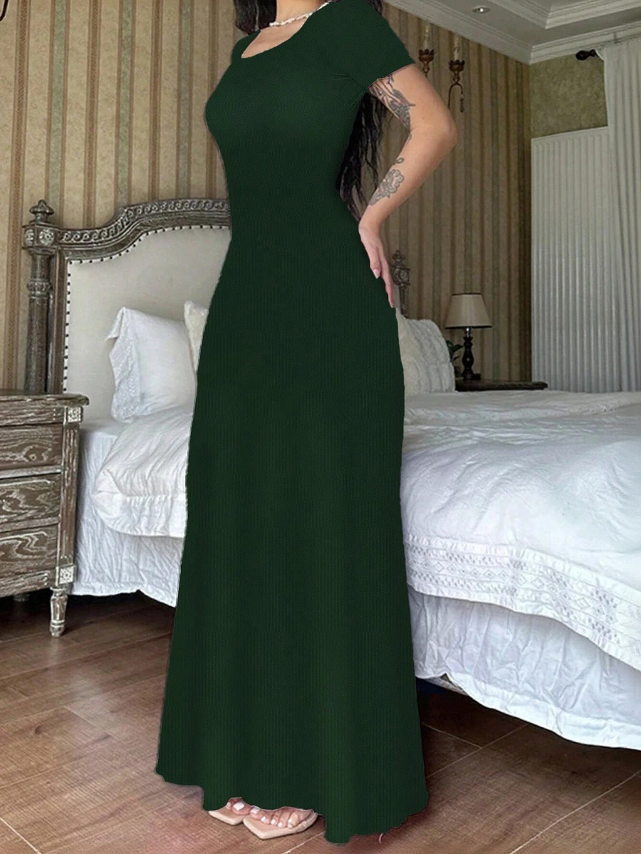 女士秋季服装，时尚纯色U领收腰短袖连衣裙，休闲装，女教师装，返校装，适合通勤、日常穿着、户外活动 - 墨綠色 - 查看 1