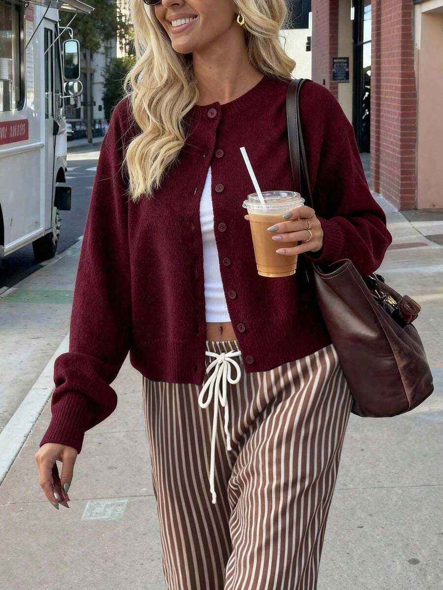 FOR BEAUTY Autumn New Solid Color Round Neck Single-Breasted Long Sleeve Knit Cardigan, Gentle, Elegant, Romantic, Casual, Lazy, Fashionable, Minimalist Versatile, Suitable For Outings, Valentine's Day Dates, Commuting And Various Occasions. This Sweater And Cardigan Is An Ideal Choice For Women's Spring Wear. - Burgundy - View 1