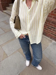 女士薄纱竹条纹衬衫，法式休闲通勤上衣，夏季半透明条纹衬衫 - 黃色 - 查看 6