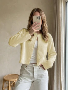 Sylvia Women's Basic Minimalist Long Sleeve Crew Neck Short Fitted Soft Knit Solid Color Cardigan Sweater, Gentle Relaxed Fit For Daily, Commute, Casual, Afternoon Tea, New Year, Valentine's Day - Yellow - View 1