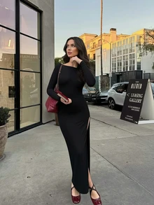 女士优雅修身黑色长袖连衣裙，露背系带设计，高开衩，船领针织面料，修身剪裁 - 黑色 - 查看 2