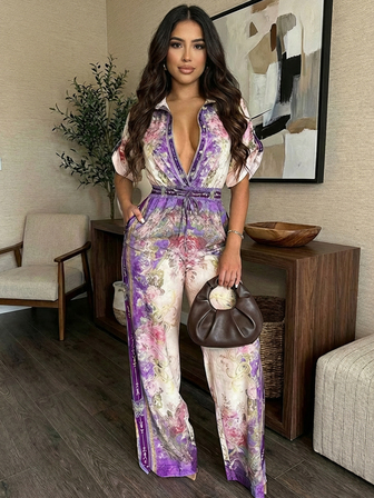 ชุดกางเกงจั๊มพ์สูทพิมพ์ลวดลาย สบายๆ สำหรับวันหยุด มีเอวคอด สำหรับฤดูร้อน