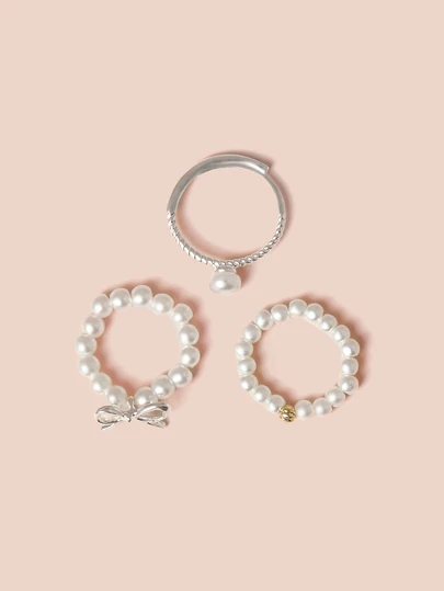 Hatastic 3개/세트 미니멀리스트 보우 진주 비즈 조절 가능 반지 세트, 세련된 스택형 주얼리 데일리 착용, 여자 친구, 자매, 크리스마스, 발렌타인 데이, 생일, 어머니 날 크리스마스 선물로 좋습니다.