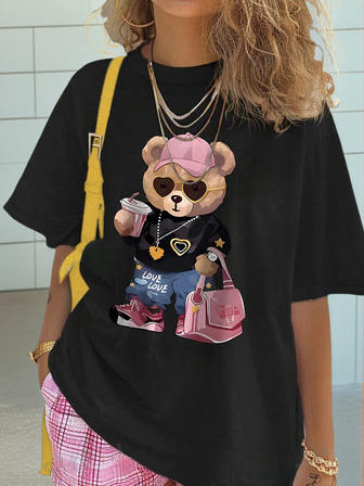 Avslappnad t-shirt med rund hals och kort ärm, designad för tonårsflickor, lämplig för sommarstudenter och barnkläder - handväska och nallebjörn, t-shirt i konstnärlig stil, inspirerar fantasi och självuttryck! Barnkläder, grafisk t-shirt för flickor, sommartopp, tonårskläder för flickor
