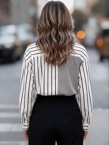 ​Women's Striped Asymmetric Lapel Long Sleeve Shirt With Contrast Buttons & Pocket - Casual All Occasion Year-Round Top​,Fall Clothes For Women - Multicolor - View 11