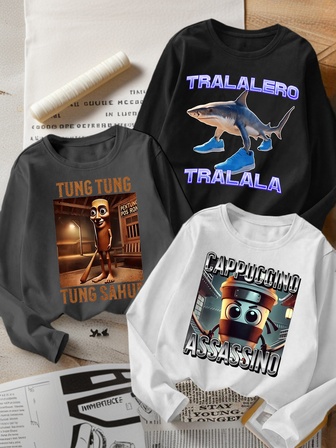 3pcs Boys Casual Cartoon Print Crew Neck Long Sleeve T-Shirts, Autumn Student Youth Clothing - Eye-Catching Long Sleeve Tops Will Definitely Make Kids Smile