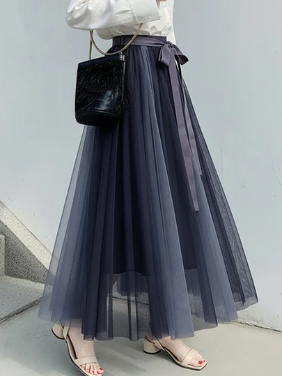 欧美优雅女装百褶时尚网纱裙高腰网纱日韩复古A字宽松休闲流行女士飘逸半身裙