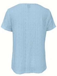 Perforated Embroidered Square Neck T-Shirt, Casual Short Sleeve Front Ruched Top, For Women, Spring/Summer - Sky Blue - View 2