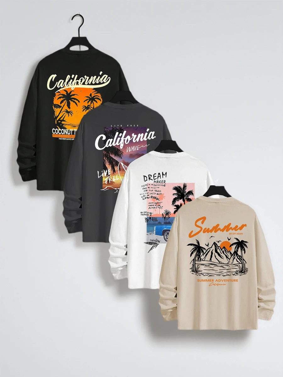 1pc Boys' Casual Beach Coconut Tree & Wave Print Crew Neck Long Sleeve T-Shirt, Loose Fit Student Clothing, Autumn, Cool Black Silhouette - Dark Grey - View 1