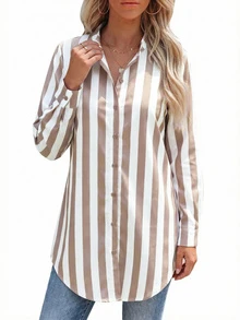 女式条纹纽扣衬衫休闲长款圆领卷袖节日春夏秋季女士秋季服装 - 咖色 - 查看 7