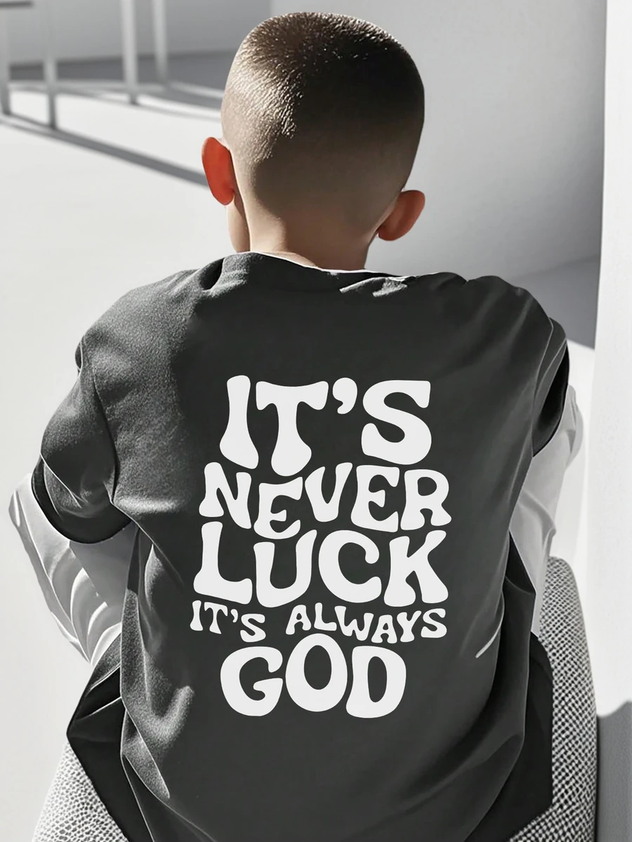 1件装青少年男童休闲自然图案印花圆领短袖T恤，夏季学生款 - “It's never Luck, It's Always God”文字设计男童图案T恤