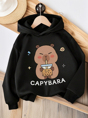 1 pieza Sudadera con capucha informal para niñas con estampado de conejillo de indias bebiendo té de burbujas, corte holgado, forro térmico cálido, adecuado para estudiantes, otoño/invierno