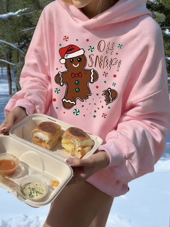 1 st. juldocka med tomtehatttryck, tröja med huva för tweenflickor, fritidskläder för studenter och ungdomar, tjockt termofodrat, lös passform, långärmad, höst/vinter