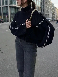 EAVA Women's Minimalist Turtleneck Sweater, Oversized Fit, Effortless Streetwear Style, Handcrafted Details, Autumn/Winter Knit Pullover, Valentine's Day Gift, Women's Valentine's Day - Black - View 1