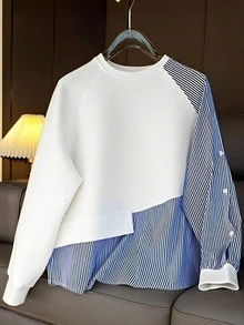 1件条纹拼接撞色罗纹纽扣女式衬衫，日常穿着，春秋季，白色、黑色、蓝色、粉色、绿色、黄色 - 白色 - 查看 1