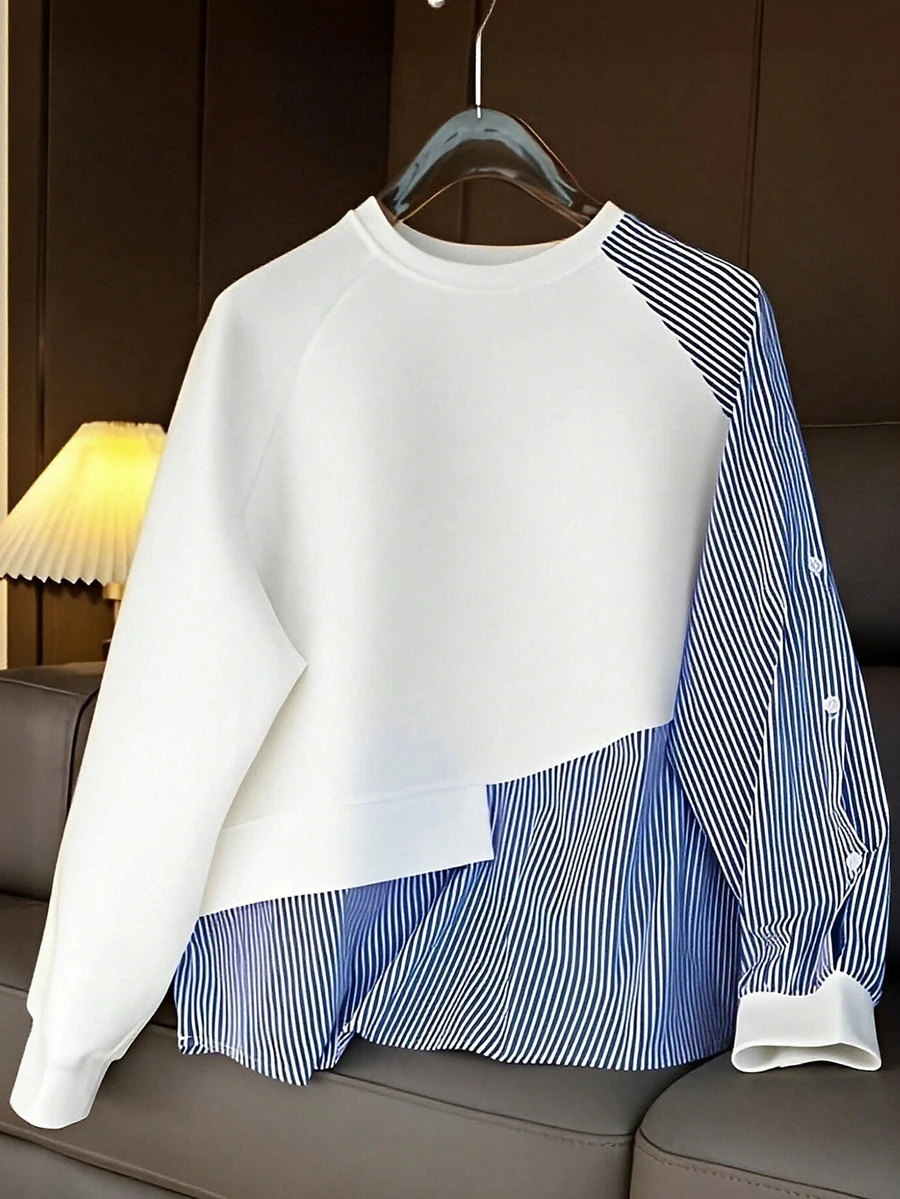 1件条纹拼接撞色罗纹纽扣女式衬衫，日常穿着，春秋季，白色、黑色、蓝色、粉色、绿色、黄色 - 白色 - 查看 1