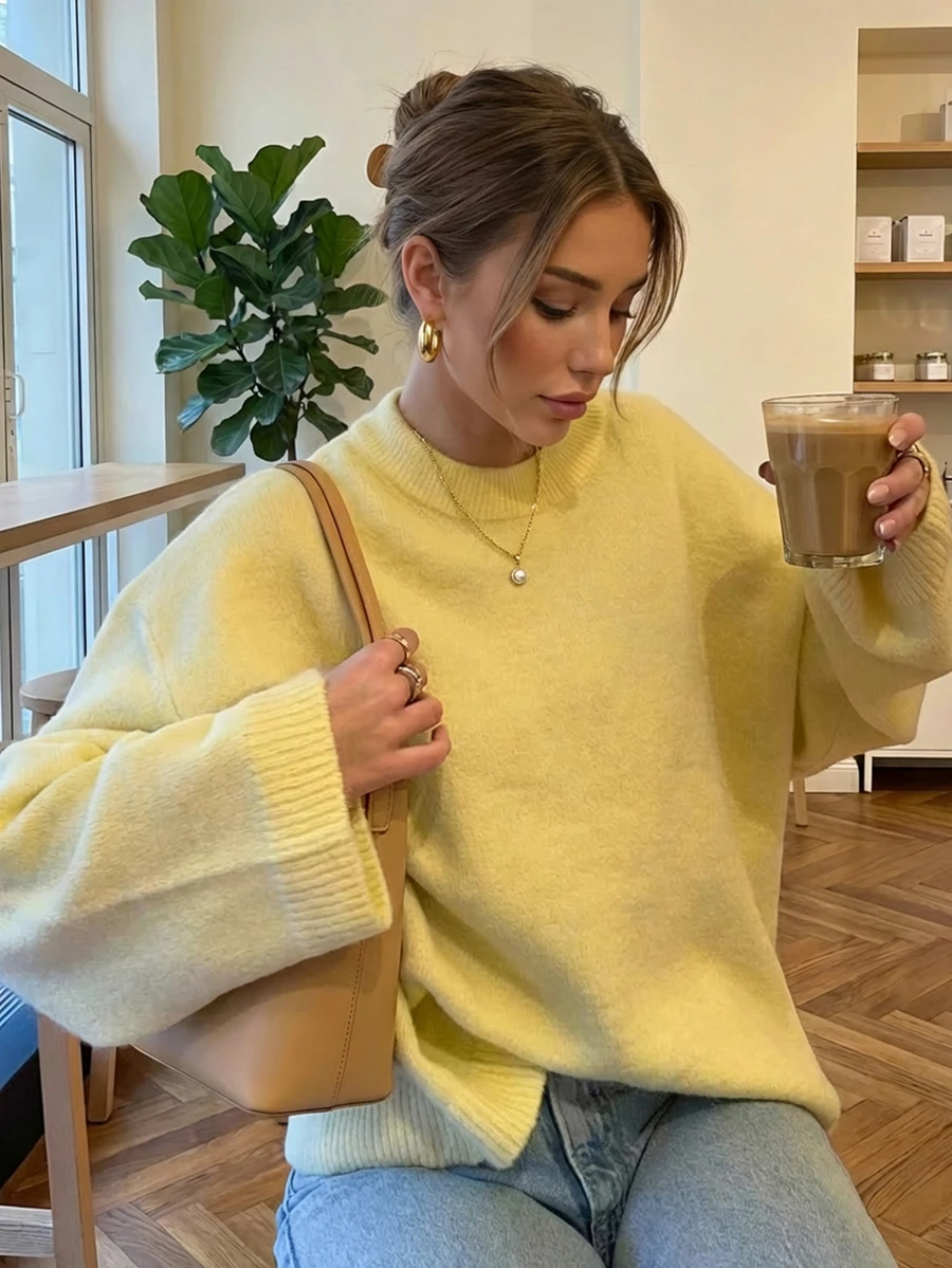 女士休闲纯色圆领长袖针织套头衫，适合万圣节和圣诞节