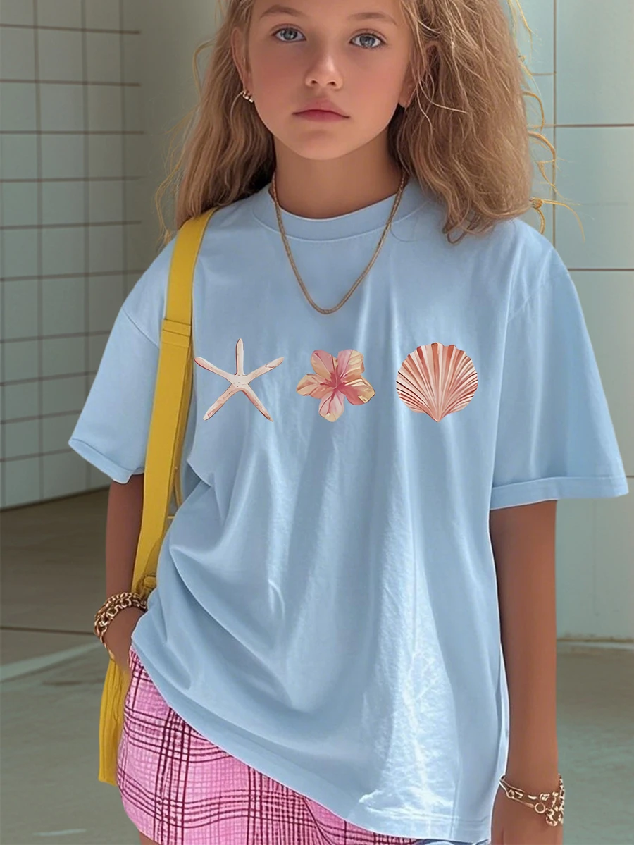 1pc Girls Casual Shell Graphic Print Round Neck Short Sleeve T-Shirt, Summer Student Youth Clothing - Shell Art Style T-Shirt Inspires Imagination And Self-Expression
