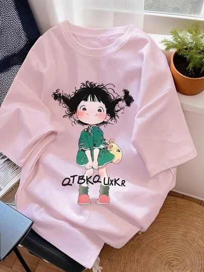 1 件女童印花短袖 T 恤，舒适时尚夏季上衣，适合学生/年轻少女