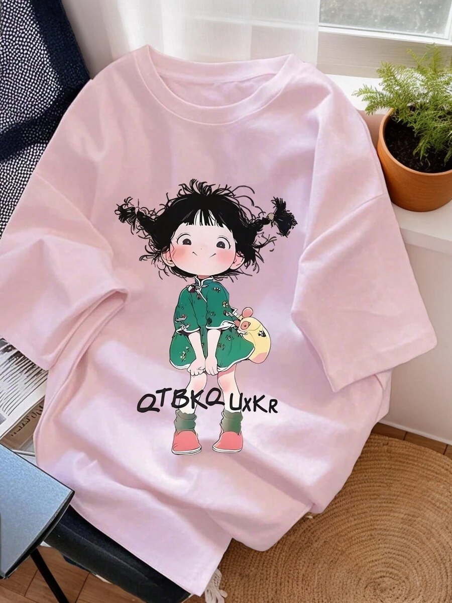 1 件女童印花短袖 T 恤,舒适时尚夏季上衣,适合学生/年轻少女 - 粉色 - 查看 1