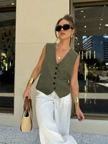 Women's Elegant Green Sleeveless Single-Breasted Vest-Style Lightweight Blazer,2026 Summer For Women