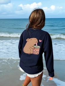 1 pieza Camiseta de manga larga con cuello redondo y estampado de caballo casual para niñas en el Día de San Valentín, ropa de otoño para estudiantes y niños pequeños - La llamativa camiseta con estampado de caballo definitivamente hará sonreír a la niña preadolescente - Azul Marino - Ver 1