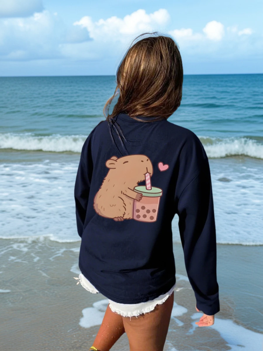 1 pieza Camiseta de manga larga con cuello redondo y estampado de caballo casual para niñas en el Día de San Valentín, ropa de otoño para estudiantes y niños pequeños - La llamativa camiseta con estampado de caballo definitivamente hará sonreír a la niña preadolescente - Azul Marino - Ver 1