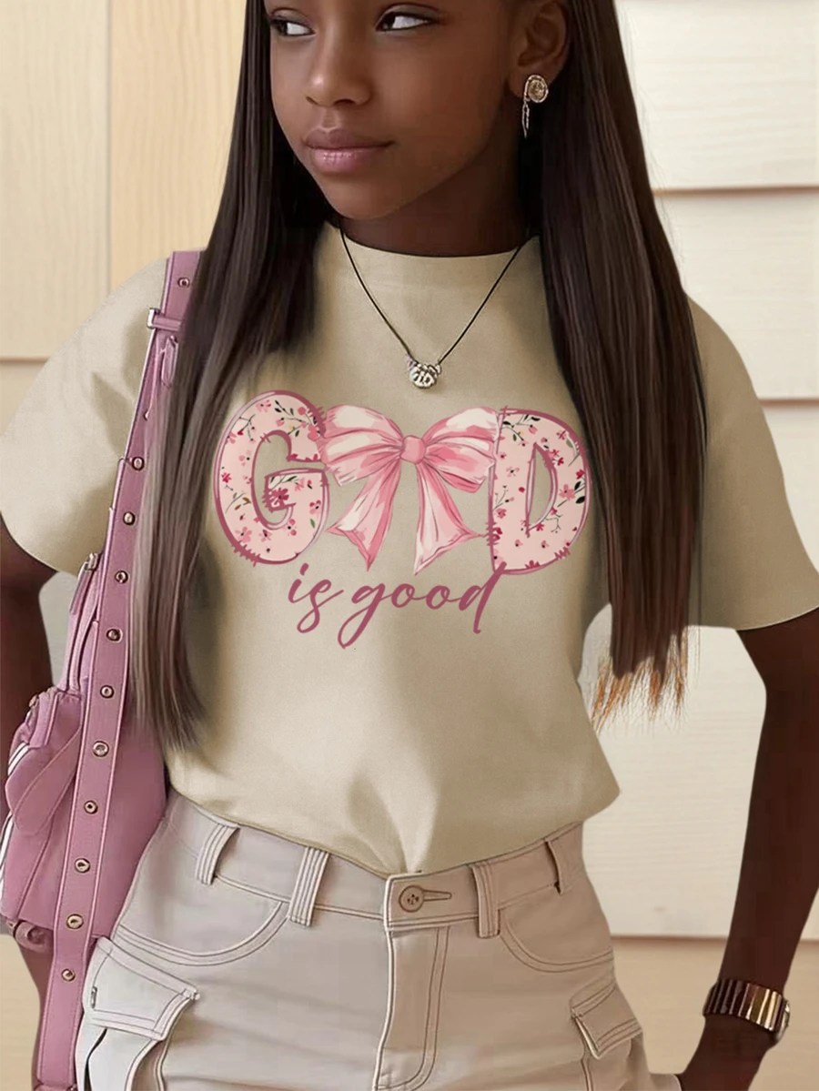 1 Stück Kleine Mädchen Lässig T-Shirt mit Schmetterlings-Muster, Rundhalsausschnitt, Kurzarm, Sommer Studentenmode - Rosa Schleife Künstlerischer Stil T-Shirt, der Fantasie und Selbstausdruck inspiriert