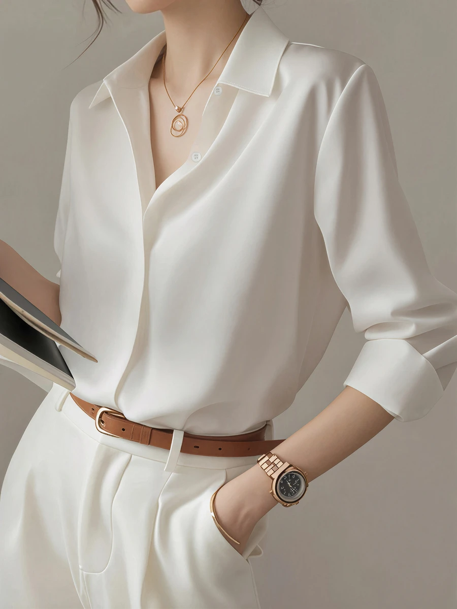 女士长袖衬衫 - 经典白色纯色，尖领单纽扣开合，常规版型多功能办公休闲装，春夏透气透视职业上衣，办公室衬衫 | 经典白衬衫 | 半透明面料，女士衬衫 - 白色 - 查看 1