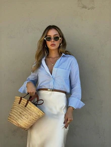 Women's Elegant Striped Long-Sleeve Shirt Casual/Office Wear Spring/Summer 2026 New Arrival Top - Blue - View 2