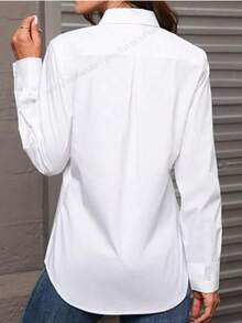 Blusa de manga larga ajustada con cuello de botones blancos clásica, adecuada para el trabajo y la oficina en primavera - Blanco - Ver 2