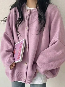 EAVA Gentle Lavender Purple Solid Color Long Sleeve Knit Cardigan, Single-Breasted Regular Length Slightly Elastic Skin-Friendly Women's Cardigan - Mauve Purple - View 1