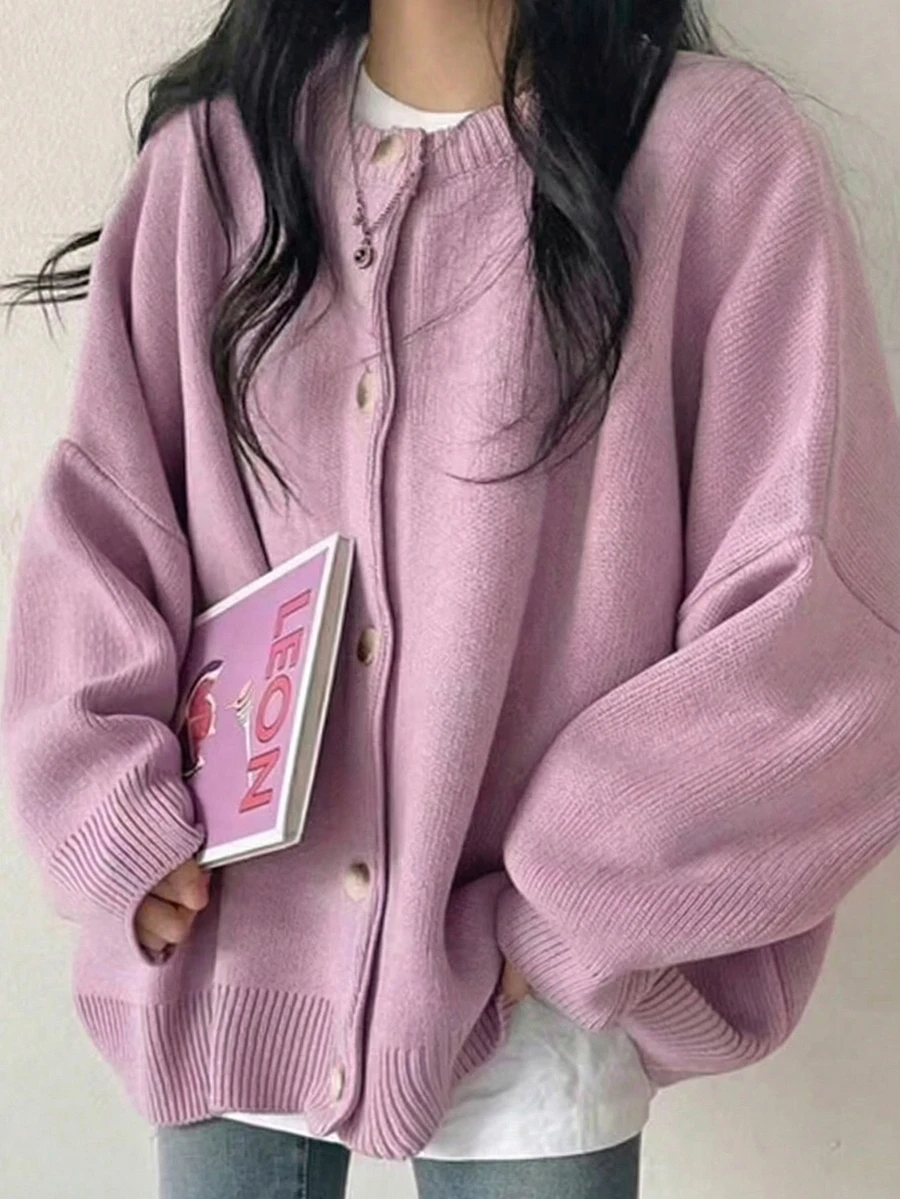 EAVA Gentle Lavender Purple Solid Color Long Sleeve Knit Cardigan, Single-Breasted Regular Length Slightly Elastic Skin-Friendly Women's Cardigan - Mauve Purple - View 1