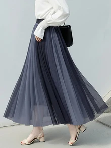 欧美优雅女装百褶时尚网纱裙高腰网纱日韩复古A字宽松休闲流行女士飘逸半身裙