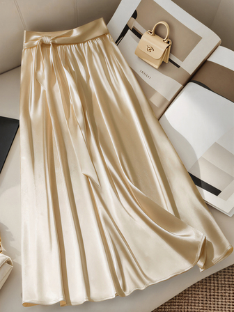 Falda maxi plisada con cremallera y cinturón en color champán; piel amigable, elegante, sexy, perfecta para fiestas, té de la tarde, cenas y el Día de San Valentín en todas las estaciones.