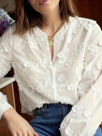 花卉刺绣衬衫 - 轻盈涤纶女式花卉刺绣蕾丝 V 领泡泡袖衬衫 | 春夏秋三季休闲衬衫，百搭女式衬衫